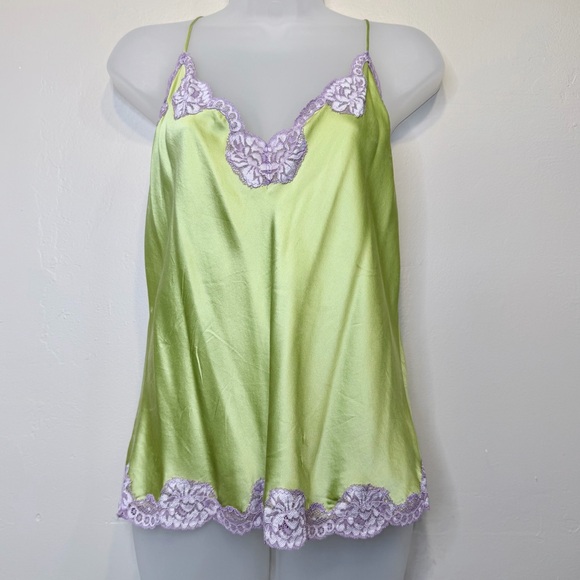 Lindsey Luxe Y2K Elegant Satin Green Lilac Lace Chemise Cami Tank Top Camisole - Picture 2 of 15
